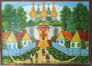 Картина народный примитив «Люди идут к церкви»  #142410