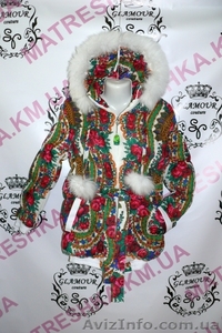 Пуховик из платка Лав Кутюр с натуральным мехом в стиле Лурдес,  Матрешка #913733