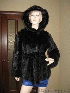 Норковый полушубок с капюшоном и поясом чёрная норка #1153642