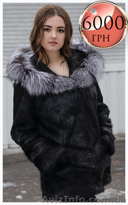 Полушубок из норки с отделкой из чернобурки цвета  графит по акционной цене #1354931